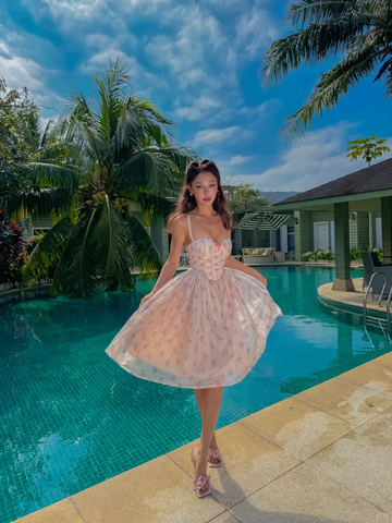 Cute A Line Spaghetti Strap Pink Print Floral Chiffon Short Vacation Dress Outfits HZ1023